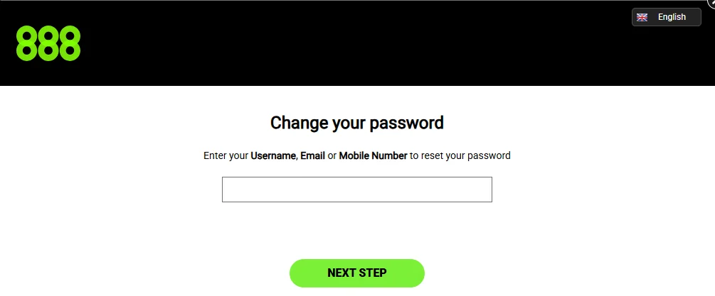 Страница смены пароля 888 Casino: поле для логина, e-mail или номера телефона
