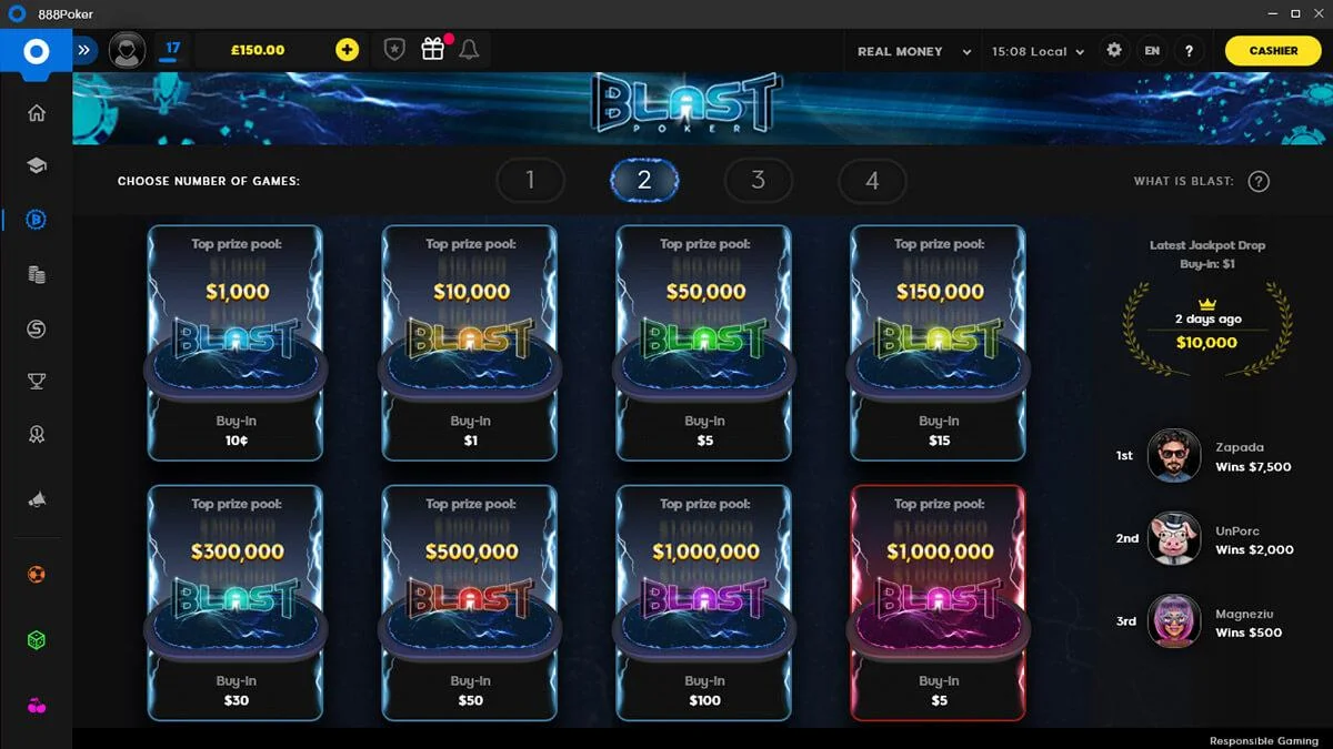 Выбор турнира BLAST в 888poker: бай-ины и призовые фонды по уровням